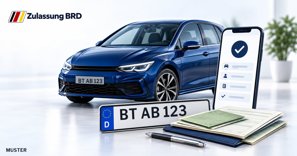 Online Fahrzeugzulassung in Bayreuth: Musterkennzeichen BT AB 123, Auto und Fahrzeugpapiere und Smartphone. Illustration mit Logo von Zulassung BRD.